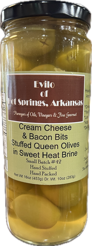 Greek Queen Halkidiki Cream Cheese and Bacon Bits in Sweetie Heetie Cheesie Brine Stuffed Olives